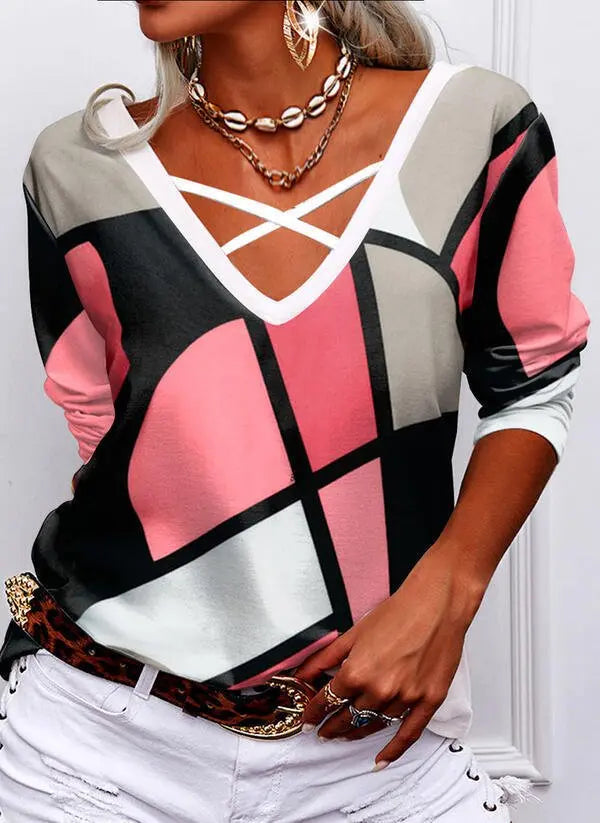 Overlapping V Neck Geometric Print T-shirt Casual Long Sleeve Tops Loose Pullover - Blade & Thread