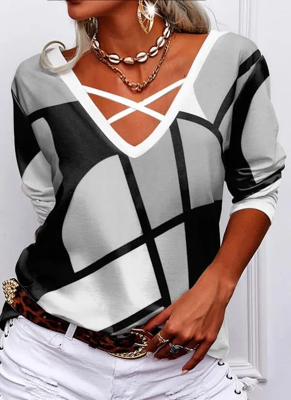 Overlapping V Neck Geometric Print T-shirt Casual Long Sleeve Tops Loose Pullover - Blade & Thread