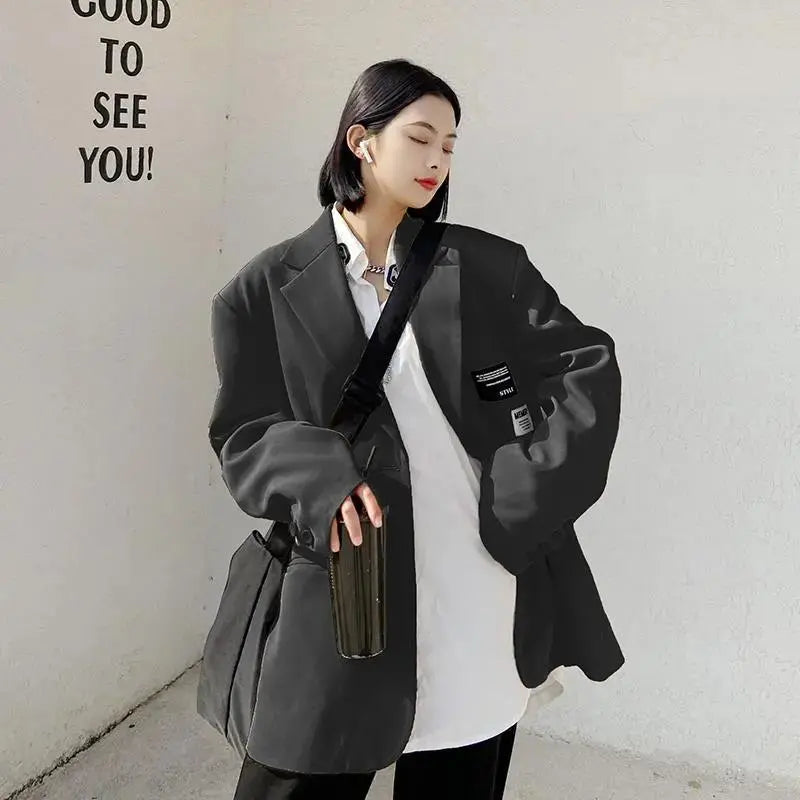 Oversize Blazer Women Autumn Loose Wide Shoulder Suit Coats Casual Label Blazers Female - Blade & Thread