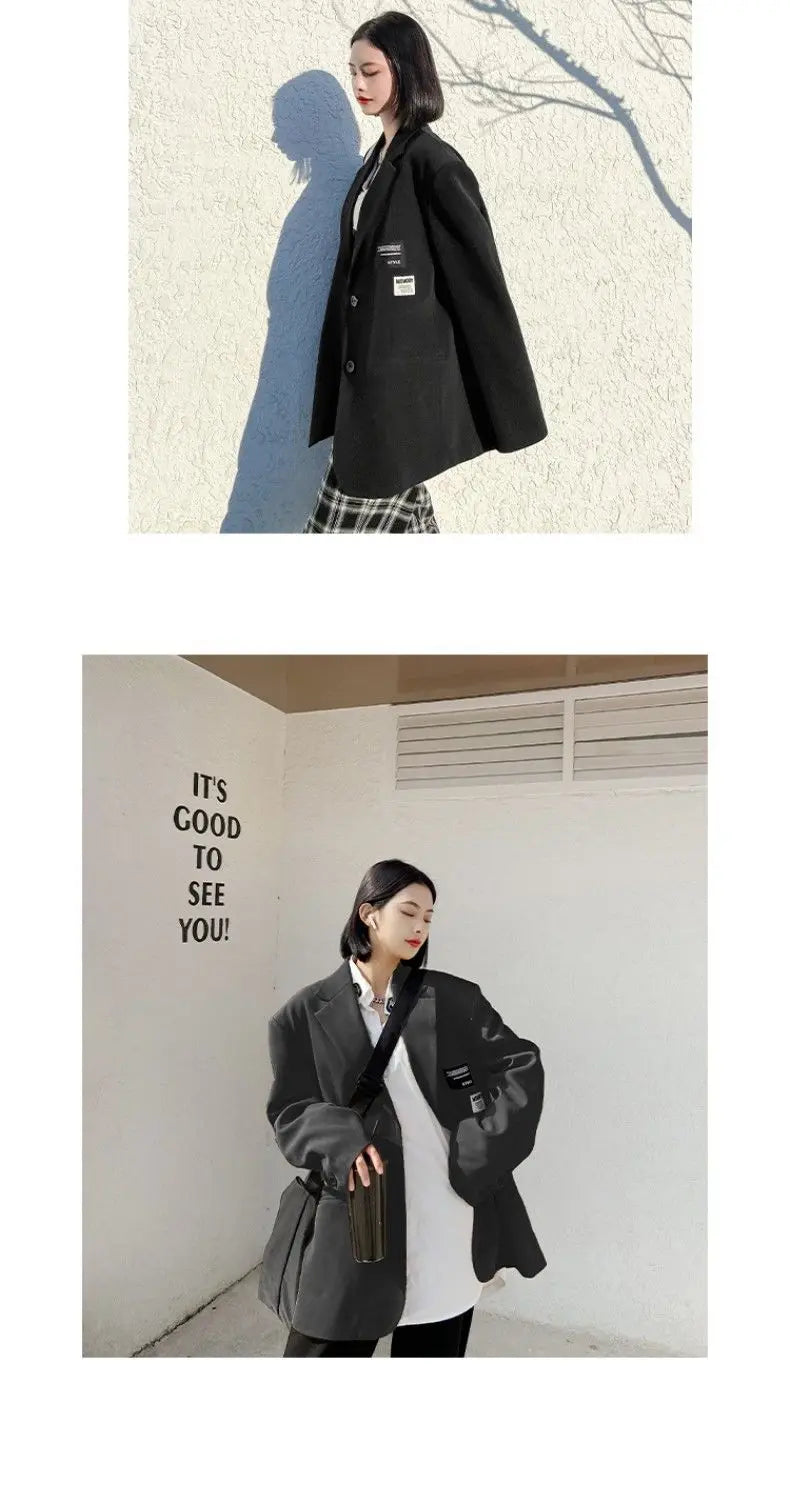 Oversize Blazer Women Autumn Loose Wide Shoulder Suit Coats Casual Label Blazers Female - Blade & Thread