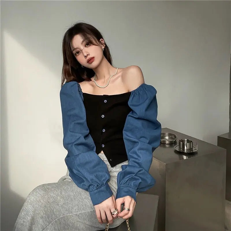 Patchwork Denim Shirts Women French Square Collar Puff Blouses Long Sleeve Crop Tops - Blade & Thread