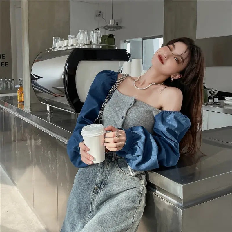 Patchwork Denim Shirts Women French Square Collar Puff Blouses Long Sleeve Crop Tops - Blade & Thread