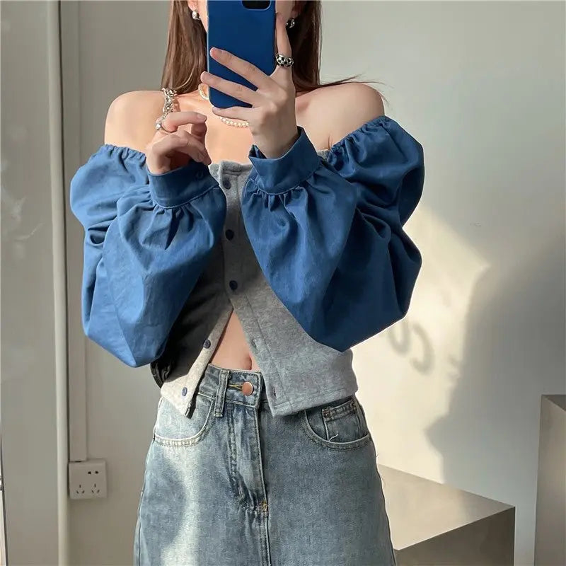 Patchwork Denim Shirts Women French Square Collar Puff Blouses Long Sleeve Crop Tops - Blade & Thread