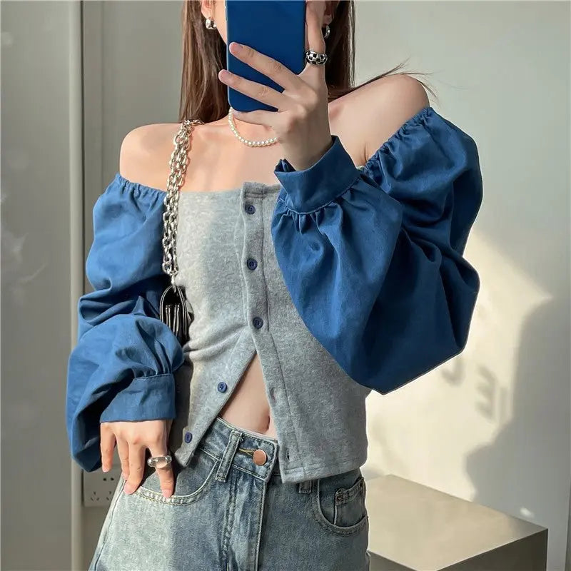 Patchwork Denim Shirts Women French Square Collar Puff Blouses Long Sleeve Crop Tops - Blade & Thread