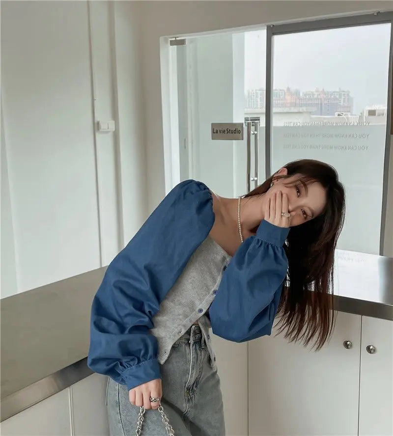 Patchwork Denim Shirts Women French Square Collar Puff Blouses Long Sleeve Crop Tops - Blade & Thread
