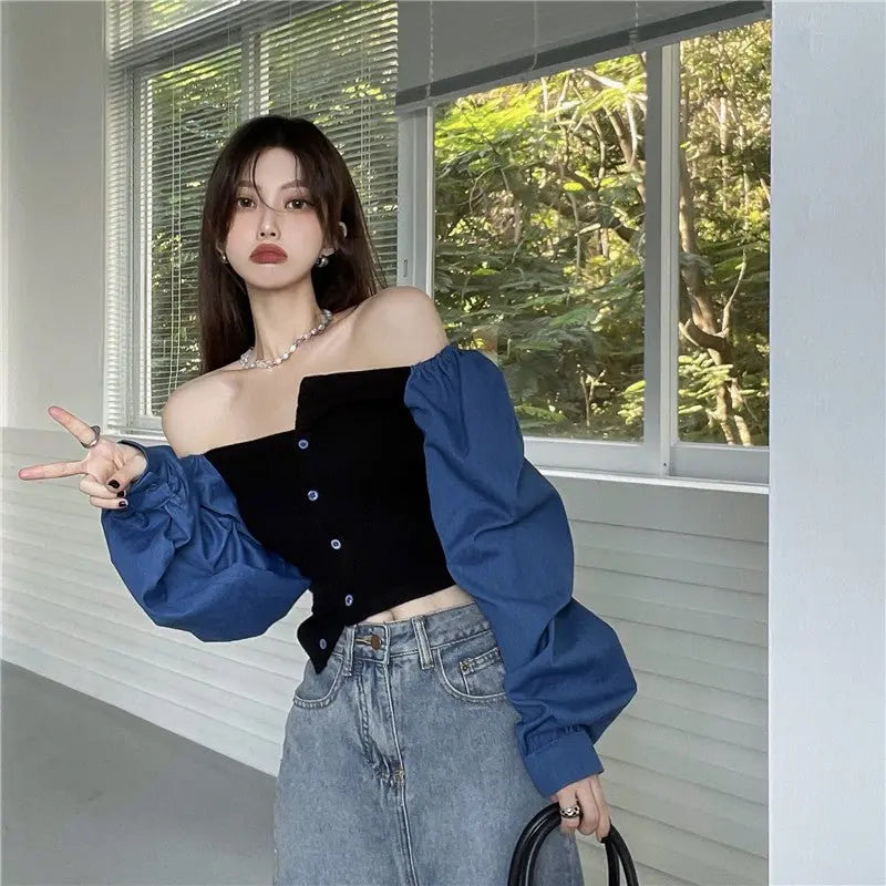 Patchwork Denim Shirts Women French Square Collar Puff Blouses Long Sleeve Crop Tops - Blade & Thread