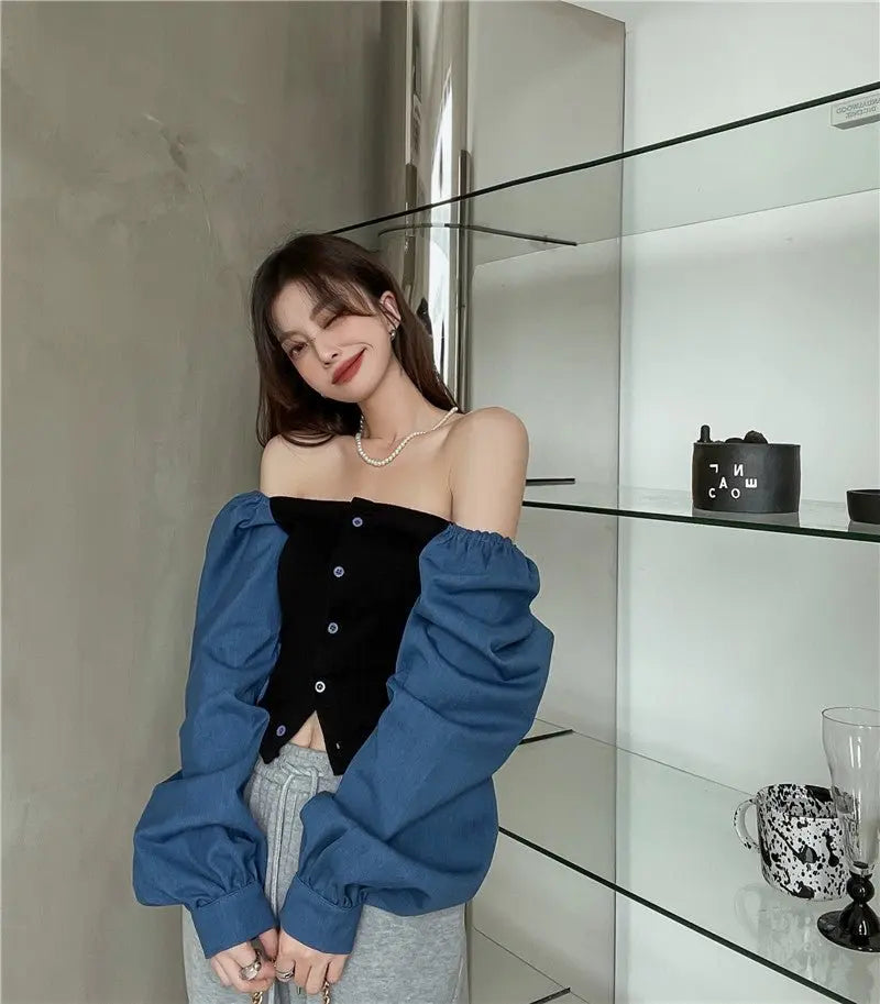 Patchwork Denim Shirts Women French Square Collar Puff Blouses Long Sleeve Crop Tops - Blade & Thread