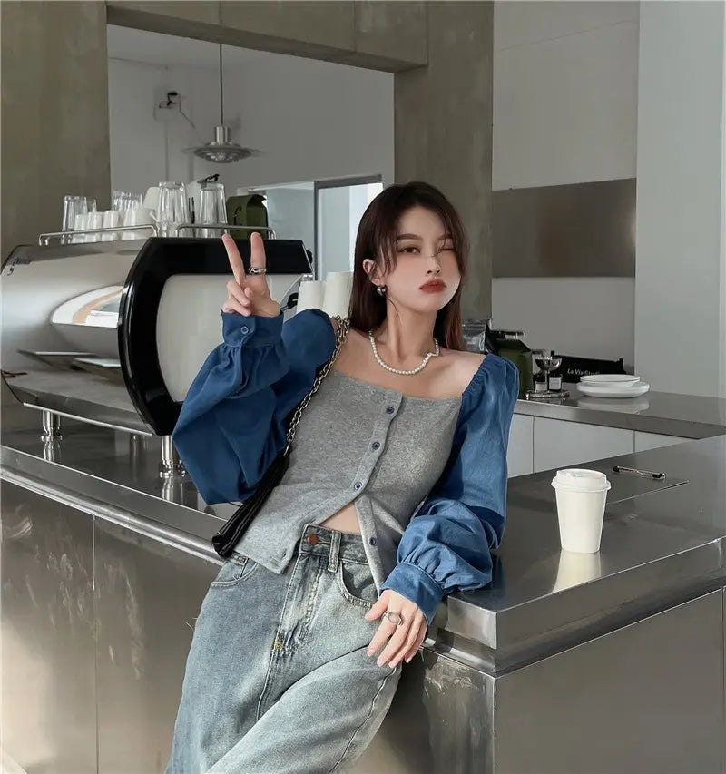 Patchwork Denim Shirts Women French Square Collar Puff Blouses Long Sleeve Crop Tops - Blade & Thread