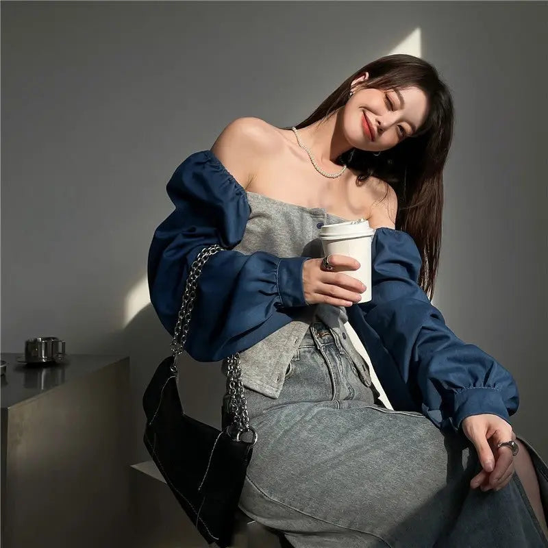 Patchwork Denim Shirts Women French Square Collar Puff Blouses Long Sleeve Crop Tops - Blade & Thread