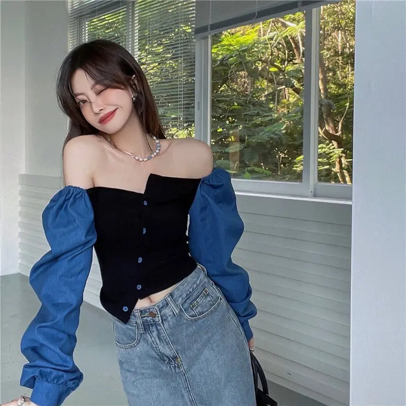 Patchwork Denim Shirts Women French Square Collar Puff Blouses Long Sleeve Crop Tops - Blade & Thread