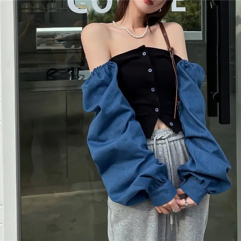 Patchwork Denim Shirts Women French Square Collar Puff Blouses Long Sleeve Crop Tops - Blade & Thread