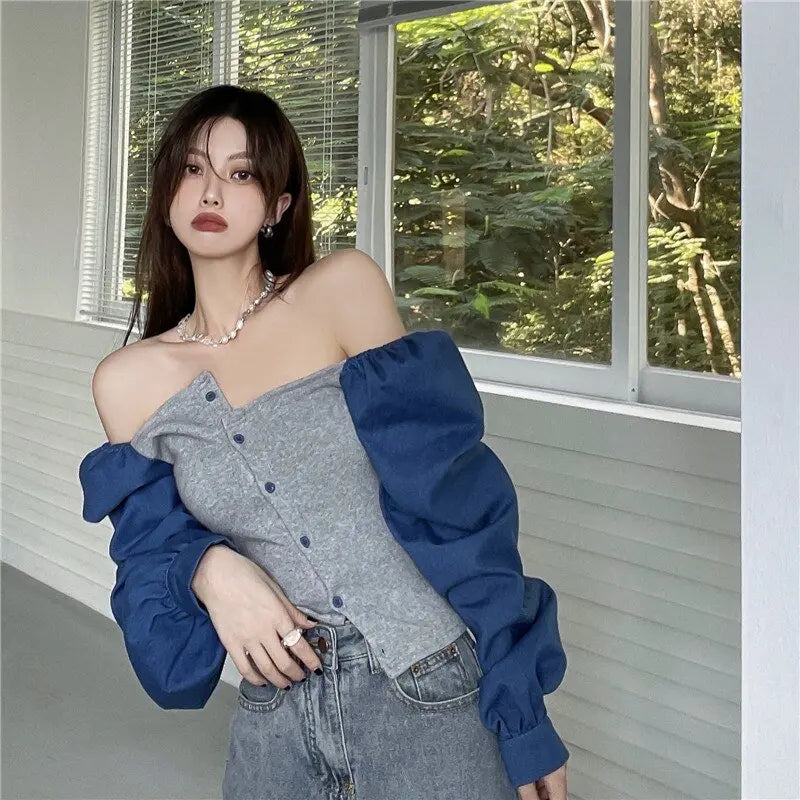 Patchwork Denim Shirts Women French Square Collar Puff Blouses Long Sleeve Crop Tops - Blade & Thread