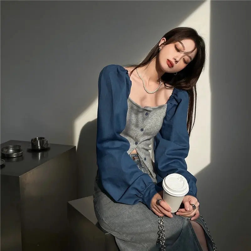 Patchwork Denim Shirts Women French Square Collar Puff Blouses Long Sleeve Crop Tops - Blade & Thread