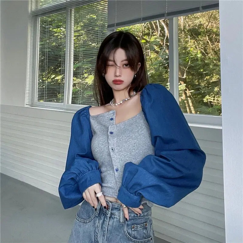 Patchwork Denim Shirts Women French Square Collar Puff Blouses Long Sleeve Crop Tops - Blade & Thread