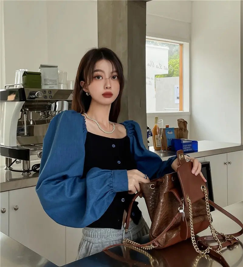 Patchwork Denim Shirts Women French Square Collar Puff Blouses Long Sleeve Crop Tops - Blade & Thread