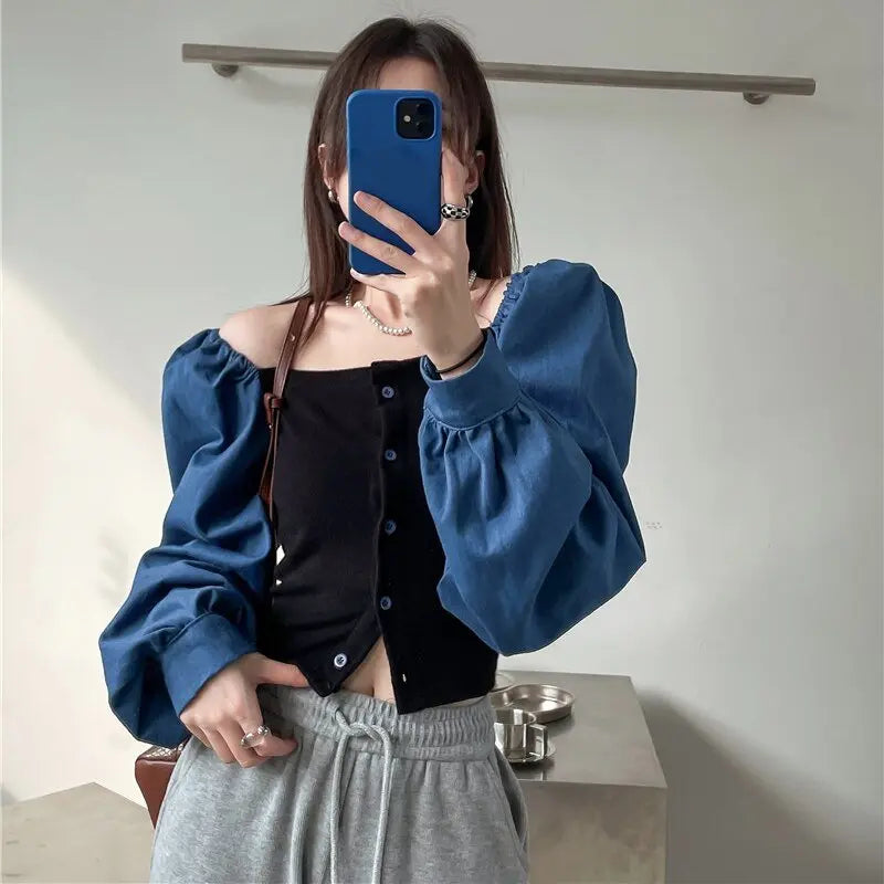 Patchwork Denim Shirts Women French Square Collar Puff Blouses Long Sleeve Crop Tops - Blade & Thread