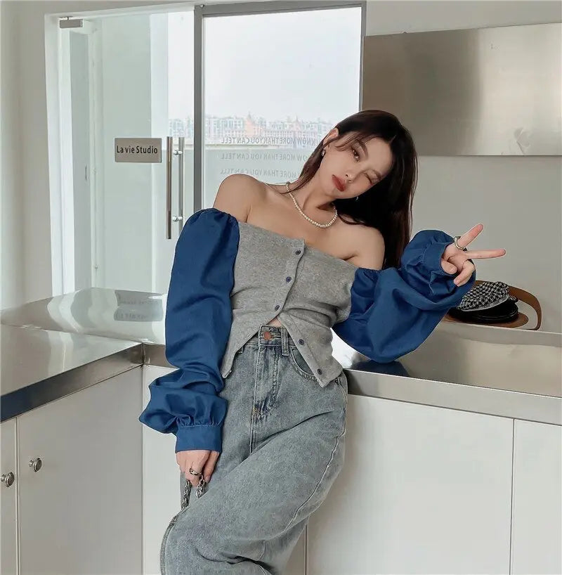 Patchwork Denim Shirts Women French Square Collar Puff Blouses Long Sleeve Crop Tops - Blade & Thread