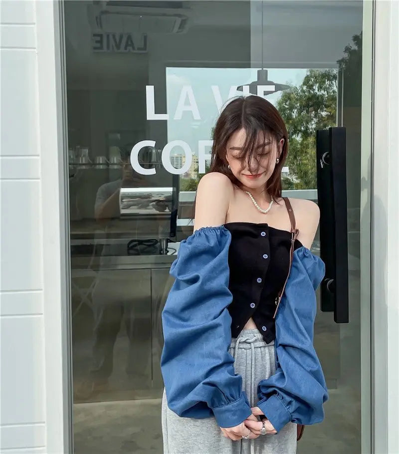 Patchwork Denim Shirts Women French Square Collar Puff Blouses Long Sleeve Crop Tops - Blade & Thread