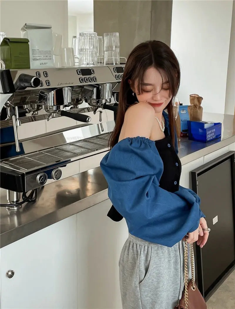 Patchwork Denim Shirts Women French Square Collar Puff Blouses Long Sleeve Crop Tops - Blade & Thread