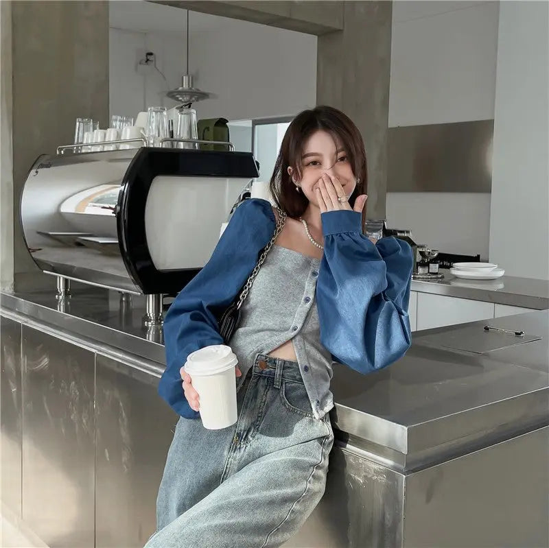 Patchwork Denim Shirts Women French Square Collar Puff Blouses Long Sleeve Crop Tops - Blade & Thread