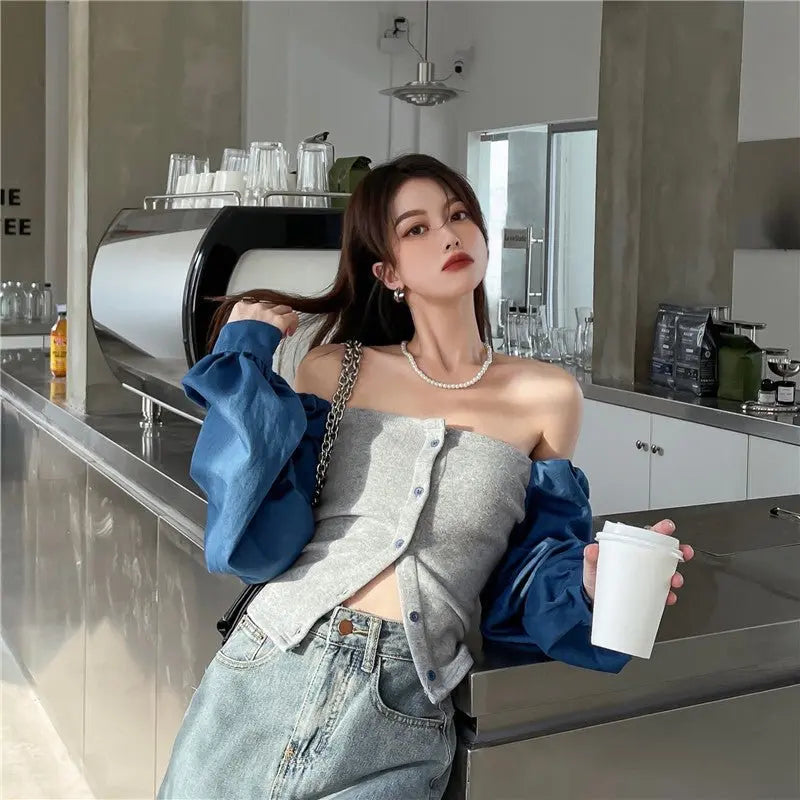 Patchwork Denim Shirts Women French Square Collar Puff Blouses Long Sleeve Crop Tops - Blade & Thread