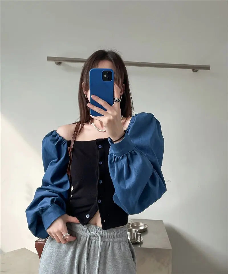 Patchwork Denim Shirts Women French Square Collar Puff Blouses Long Sleeve Crop Tops - Blade & Thread