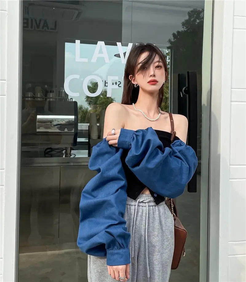 Patchwork Denim Shirts Women French Square Collar Puff Blouses Long Sleeve Crop Tops - Blade & Thread