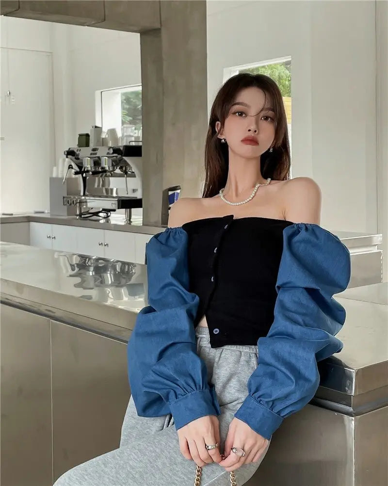 Patchwork Denim Shirts Women French Square Collar Puff Blouses Long Sleeve Crop Tops - Blade & Thread