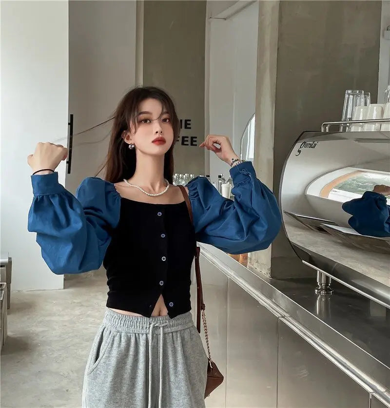 Patchwork Denim Shirts Women French Square Collar Puff Blouses Long Sleeve Crop Tops - Blade & Thread