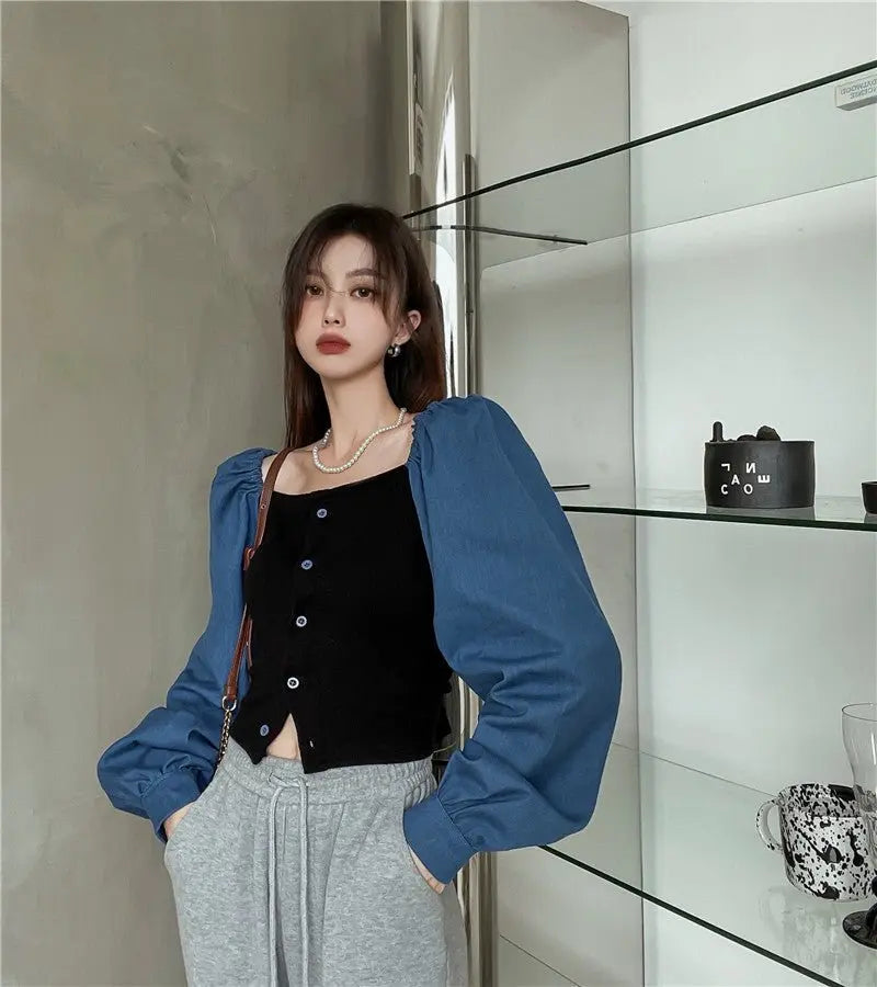 Patchwork Denim Shirts Women French Square Collar Puff Blouses Long Sleeve Crop Tops - Blade & Thread