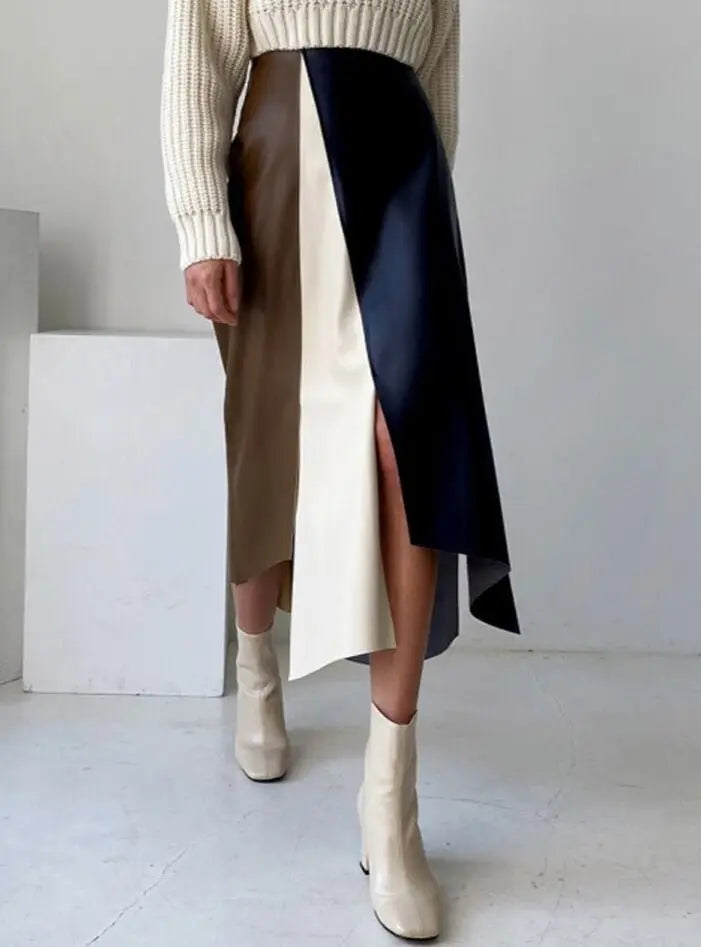 Patchwork Irregular PU Leather Skirts Women Elastic High Waist Female A-line Skirts - Blade & Thread