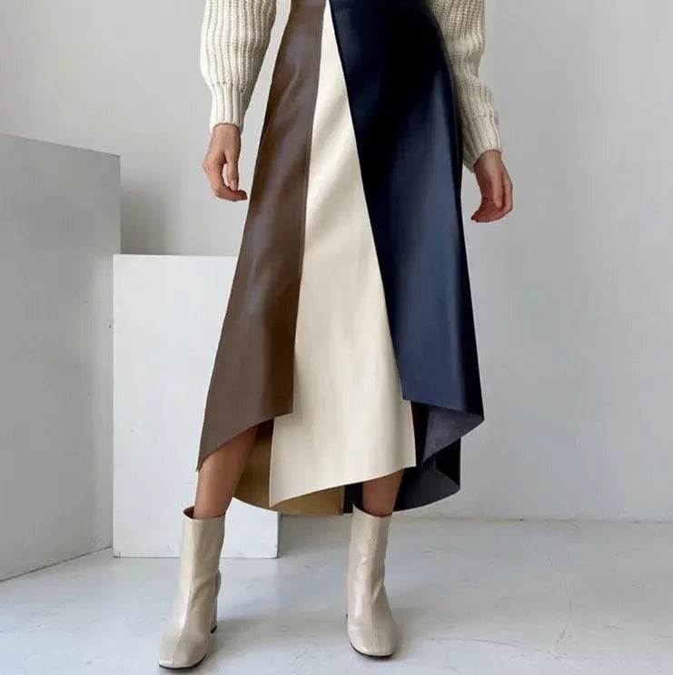 Patchwork Irregular PU Leather Skirts Women Elastic High Waist Female A-line Skirts - Blade & Thread