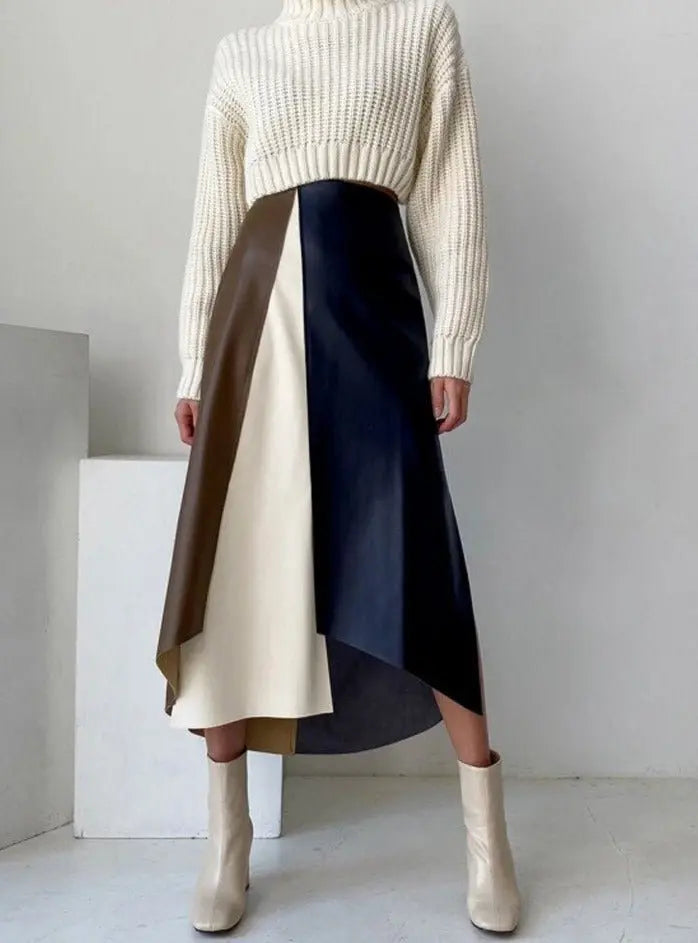 Patchwork Irregular PU Leather Skirts Women Elastic High Waist Female A-line Skirts - Blade & Thread