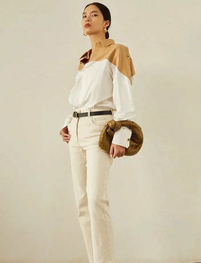 Patchwork Lapel Women Shirts Long Sleeve Single-breasted Loose Female Blouses - Blade & Thread