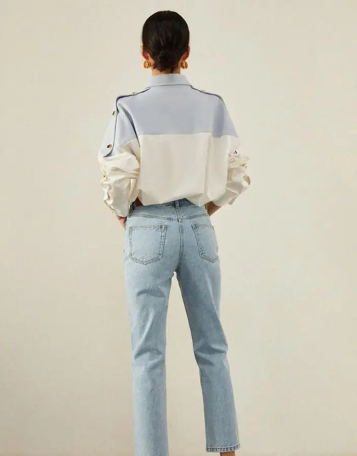 Patchwork Lapel Women Shirts Long Sleeve Single-breasted Loose Female Blouses - Blade & Thread