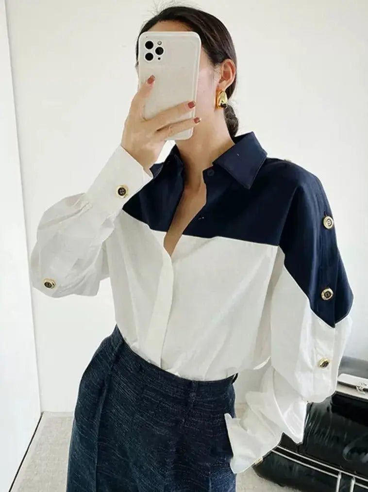 Patchwork Lapel Women Shirts Long Sleeve Single-breasted Loose Female Blouses - Blade & Thread