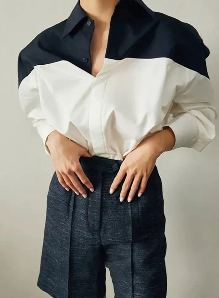 Patchwork Lapel Women Shirts Long Sleeve Single-breasted Loose Female Blouses - Blade & Thread