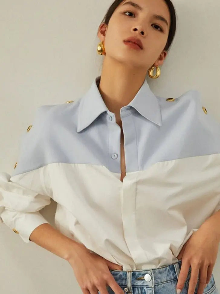 Patchwork Lapel Women Shirts Long Sleeve Single-breasted Loose Female Blouses - Blade & Thread