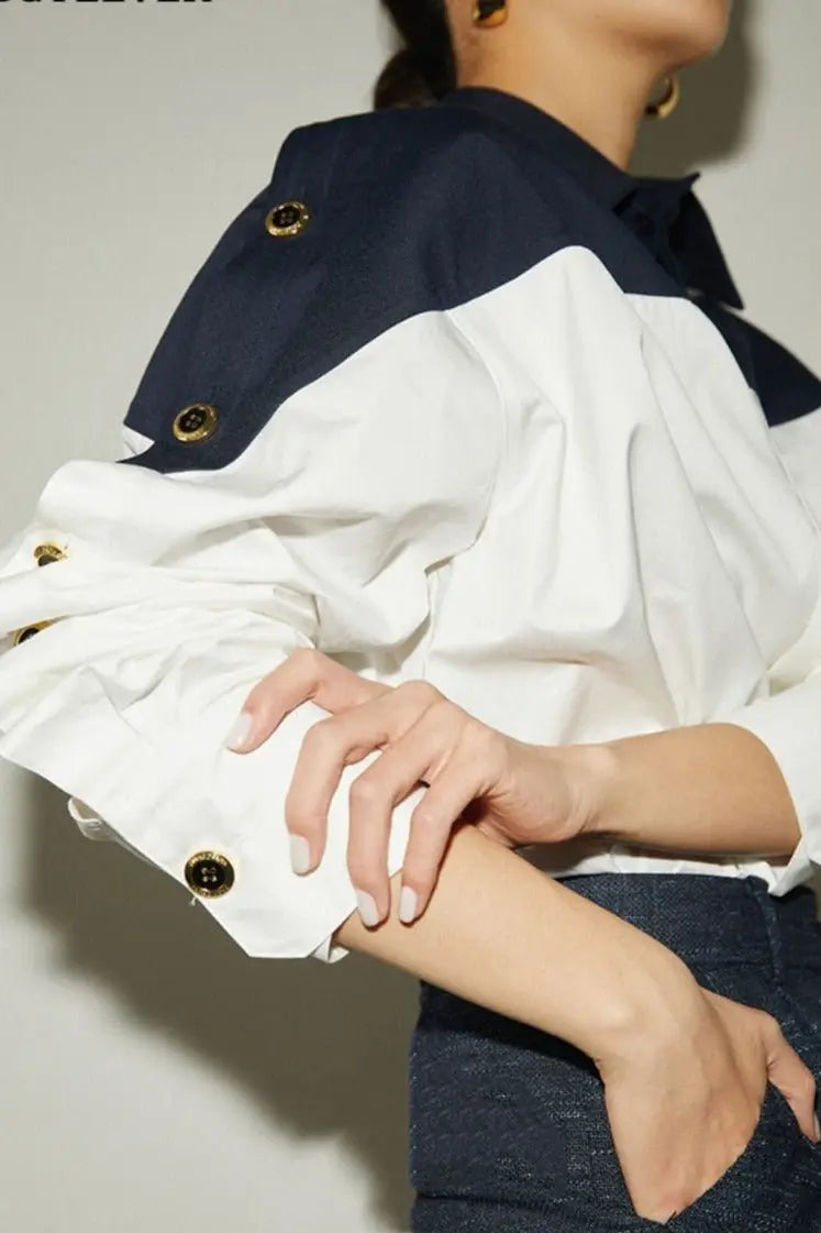 Patchwork Lapel Women Shirts Long Sleeve Single-breasted Loose Female Blouses - Blade & Thread