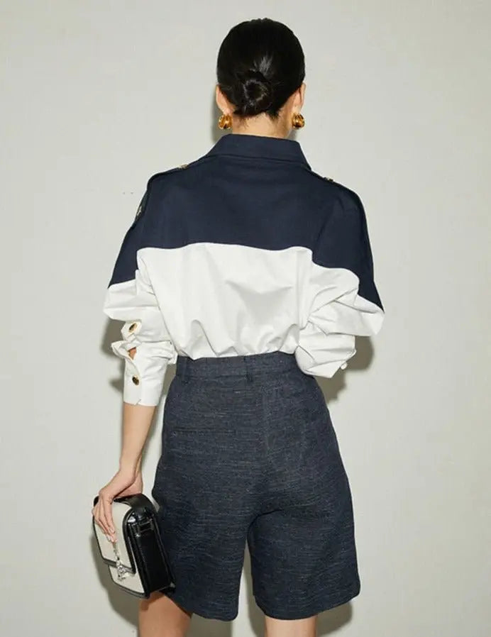Patchwork Lapel Women Shirts Long Sleeve Single-breasted Loose Female Blouses - Blade & Thread