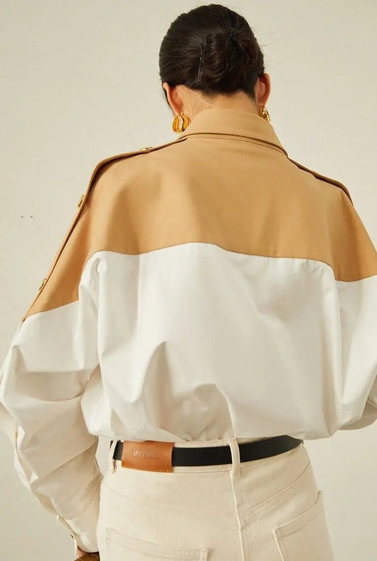 Patchwork Lapel Women Shirts Long Sleeve Single-breasted Loose Female Blouses - Blade & Thread