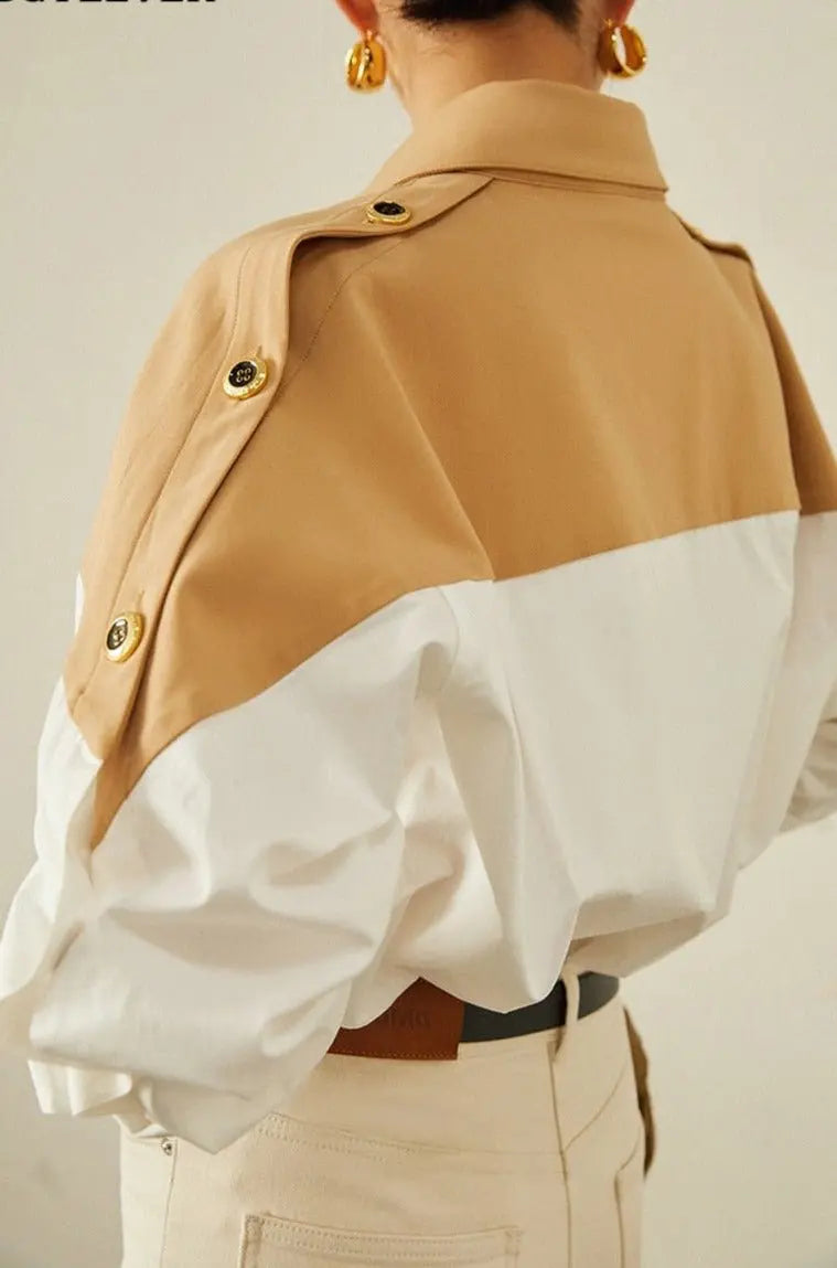 Patchwork Lapel Women Shirts Long Sleeve Single-breasted Loose Female Blouses - Blade & Thread