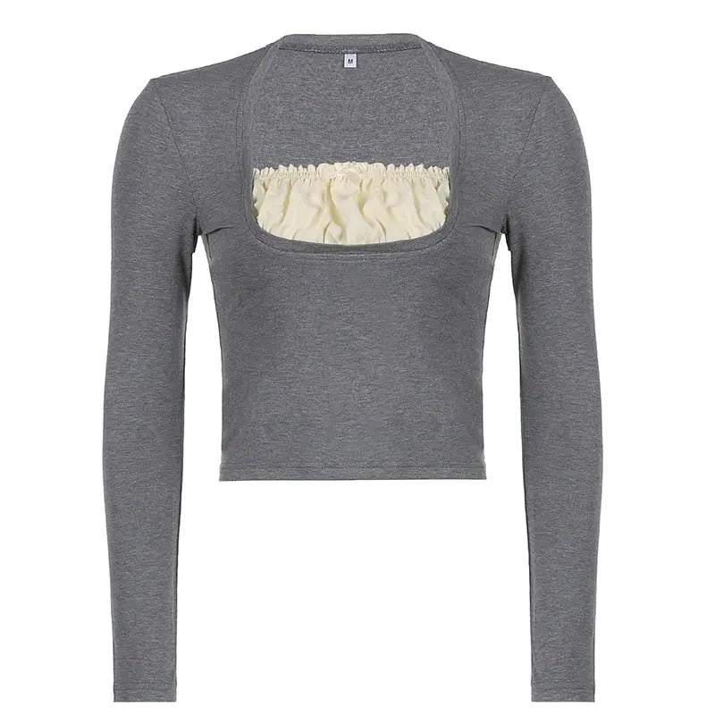 Patchwork Slim Tops Tee Long Sleeves Square Collar Retro Casual Tshirts - Blade & Thread