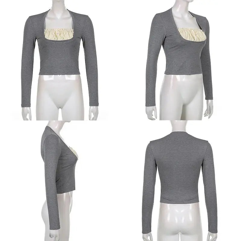 Patchwork Slim Tops Tee Long Sleeves Square Collar Retro Casual Tshirts - Blade & Thread