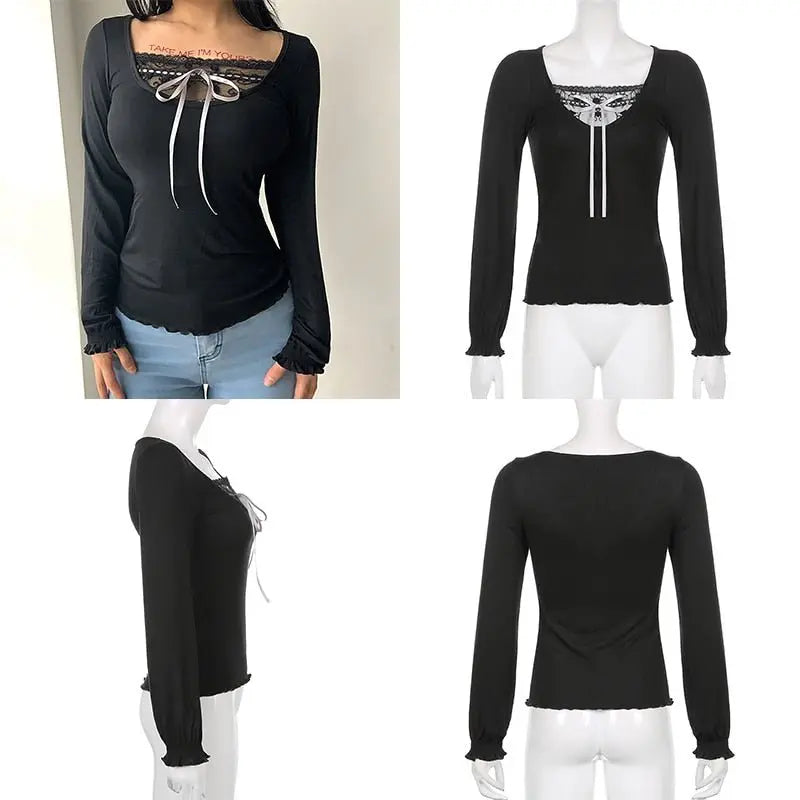 Patchwork Slim Tops Tee Long Sleeves Square Collar Retro Casual Tshirts - Blade & Thread