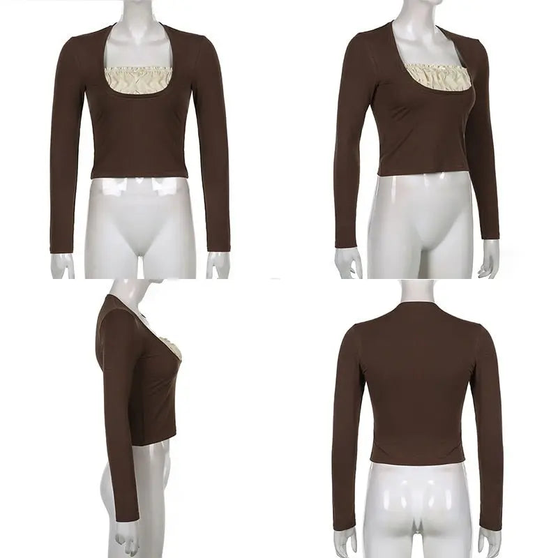 Patchwork Slim Tops Tee Long Sleeves Square Collar Retro Casual Tshirts - Blade & Thread