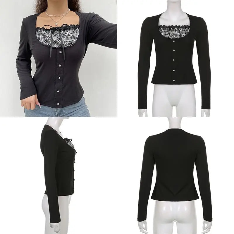 Patchwork Slim Tops Tee Long Sleeves Square Collar Retro Casual Tshirts - Blade & Thread