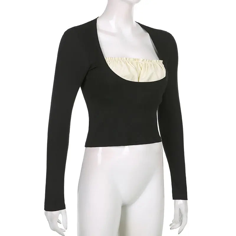 Patchwork Slim Tops Tee Long Sleeves Square Collar Retro Casual Tshirts - Blade & Thread
