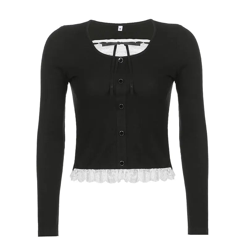 Patchwork Slim Tops Tee Long Sleeves Square Collar Retro Casual Tshirts - Blade & Thread
