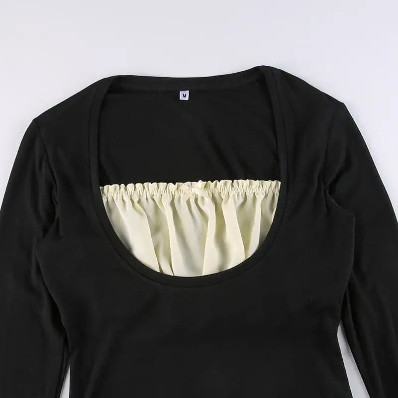 Patchwork Slim Tops Tee Long Sleeves Square Collar Retro Casual Tshirts - Blade & Thread